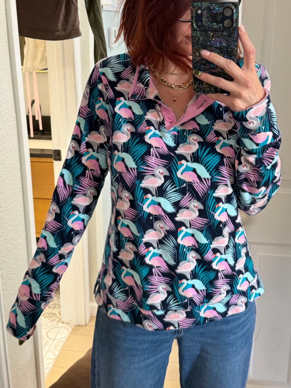 crown & ivy Navy Long Sleeve Pullover with Pink & Teal Flamingo Print